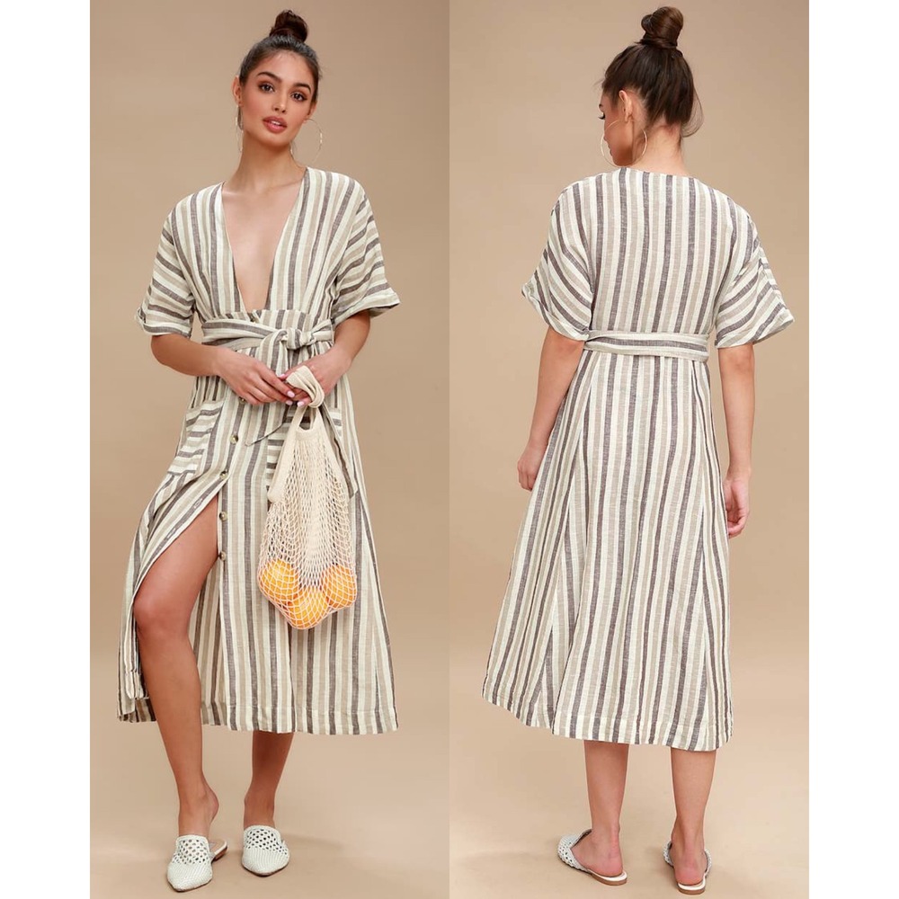 Free‎ People Monday Striped Linen Blend Midi Dress Small Festival Summer